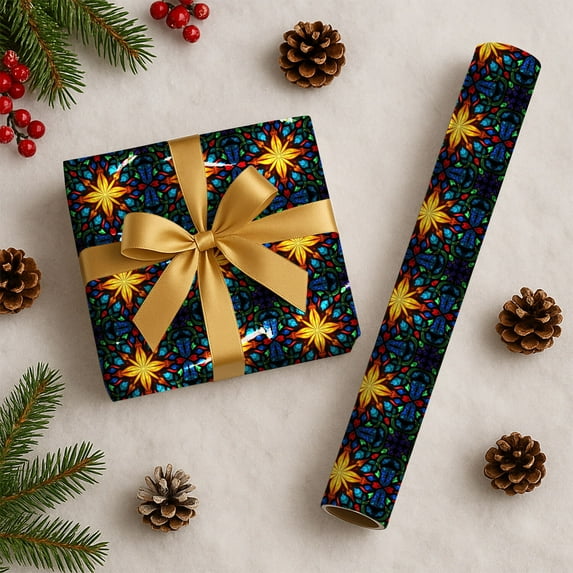 Stained Glass Star Christmas Wrapping Paper Rolls, Stained Glass Star Holiday Gift Wrapping Paper Merry Christmas