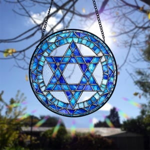 Stained Glass Star of David Suncatcher: Jewish Decor Gift, 6.3 in