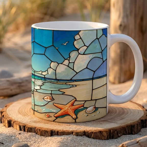 Stained Glass Starfish Beach Mug, Coastal Seashell Coffee Cup, Beach Lover Gift For Her, Ocean Waves Mug, Nautical Starfish Gift