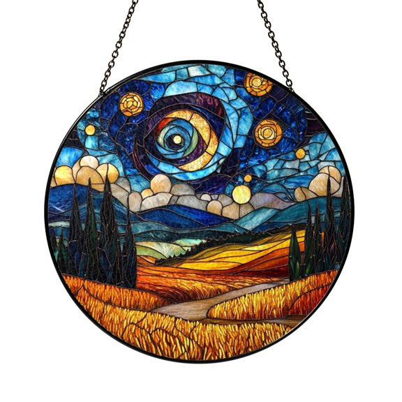 Stained Glass Starry Night Wheat Field Suncatcher, Window Hanging Ornament, Colorful Landscape Home Decor, Unique Gift