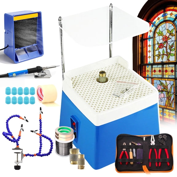 Stained Glass Start-Up Kit |Soldered Stained glass kit|Professional Glass Craft kit with Glass Grinder&Cutter Tool Kit&Soldering Iron Kit&Soldering Exhaust Fan&Solder Clamp&Consumables