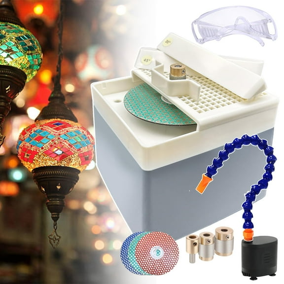 Stained Glass Starter Grinder Kit,Automatic Water Stained Glass Grinder with water circulation pump&1/4"&3/4"&1"grinding heads+180/240/360 grit Disc,for Grinding curves&30°/45°/60°/90°edge