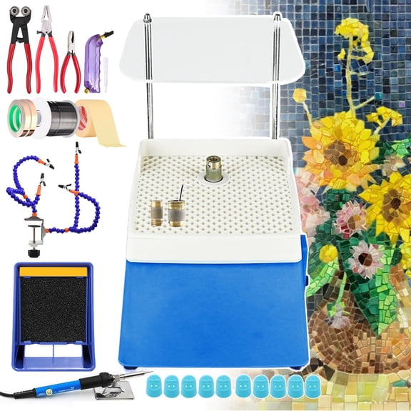 Stained Glass Starter Kit with Glass Grinder/Cutter Tool Kit/Soldering Iron Kit/Soldering Exhaust Fan/Solder Clamp/Consumables,15pcs Complete Soldered Stained glass kit for Beginners