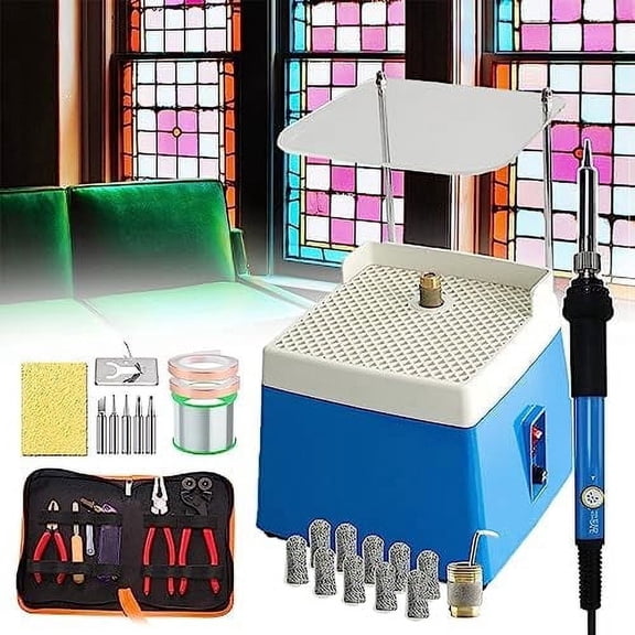 Stained Glass Starter Kit, Professional Mosaic and Stained Glass Crafting Tool Set With Glass Grinder Machine, Glass Cutter Tool Kit with 5/8'' & 1'' Grinder Bits, Soldering Iron Kit Copper Foil Tape
