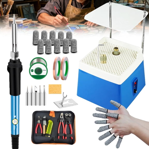 Stained Glass Starter Kit, Professional Mosaic and Stained Glass Crafting Tool Set With Glass Grinder Machine, Glass Cutter Tool Kit with 5/8'' & 1'' Grinder Bits, Soldering Iron Kit Copper Foil Tape