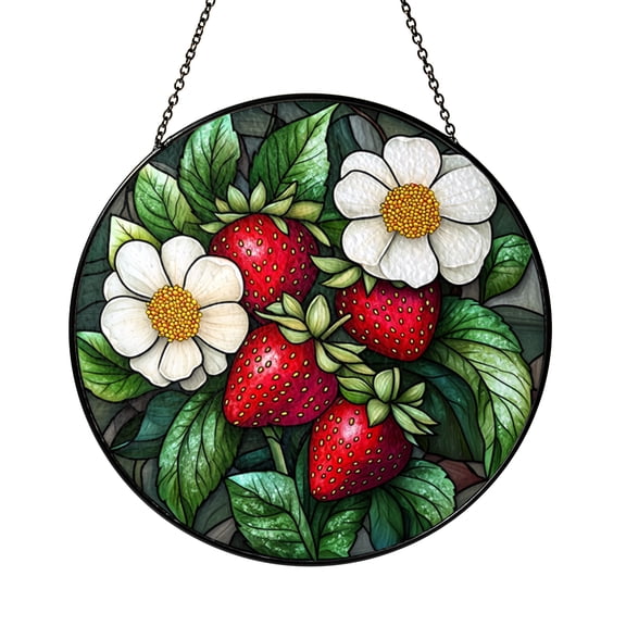 Stained Glass Strawberry Branch Window Suncatcher, Red Berry Botanical Artwork, Rustic Farmhouse Style Home Decoration