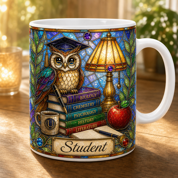 Stained Glass Student Mug Wise Owl Coffee Cup for College Student Study Gift