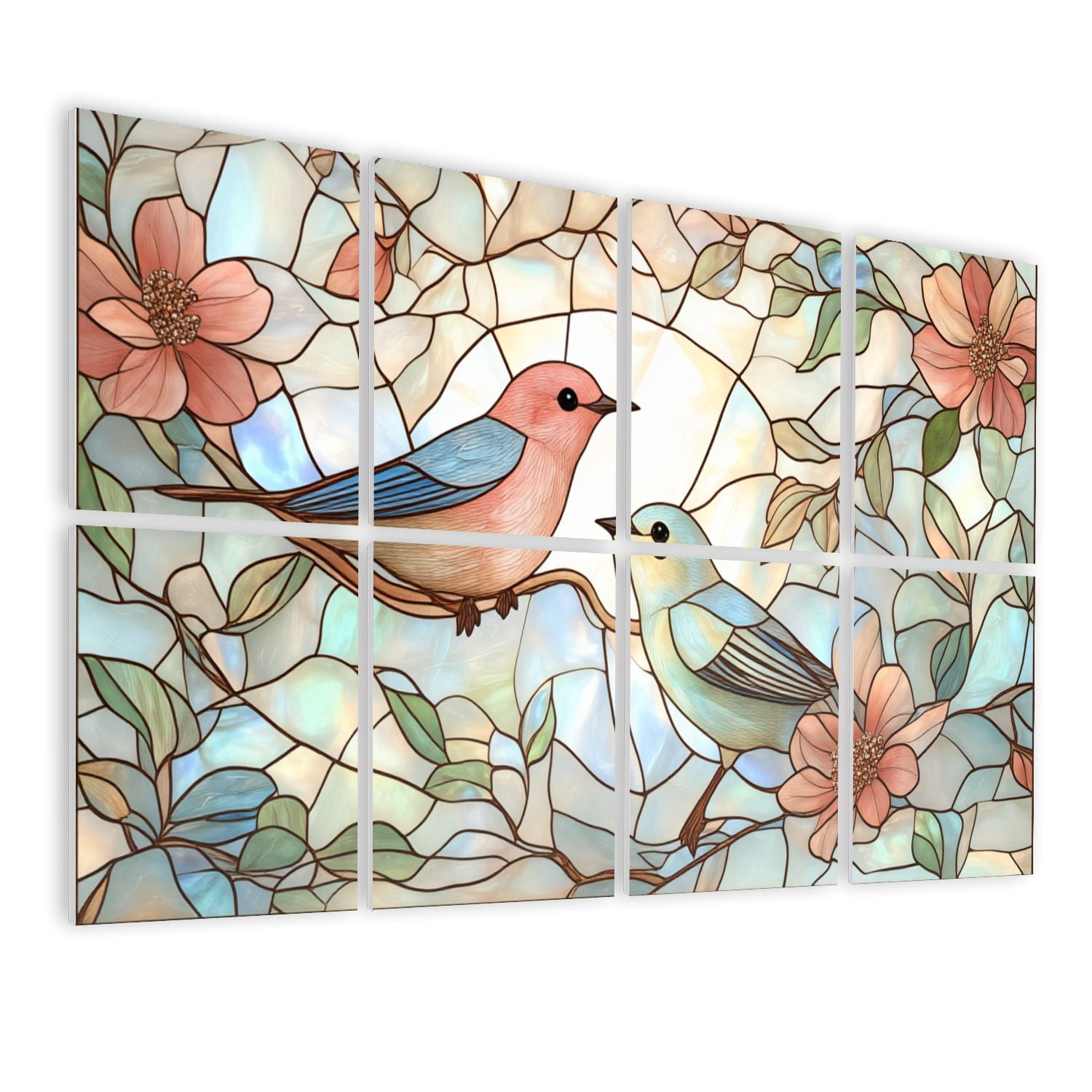 Stained Glass Style 8 Pack Art Acoustic Panels Sound Absorbing Birds Flowers Branches Decorative Soundproof Wall Panels Self Adhesive for Nursery Game Room Bedroom 48"x32"