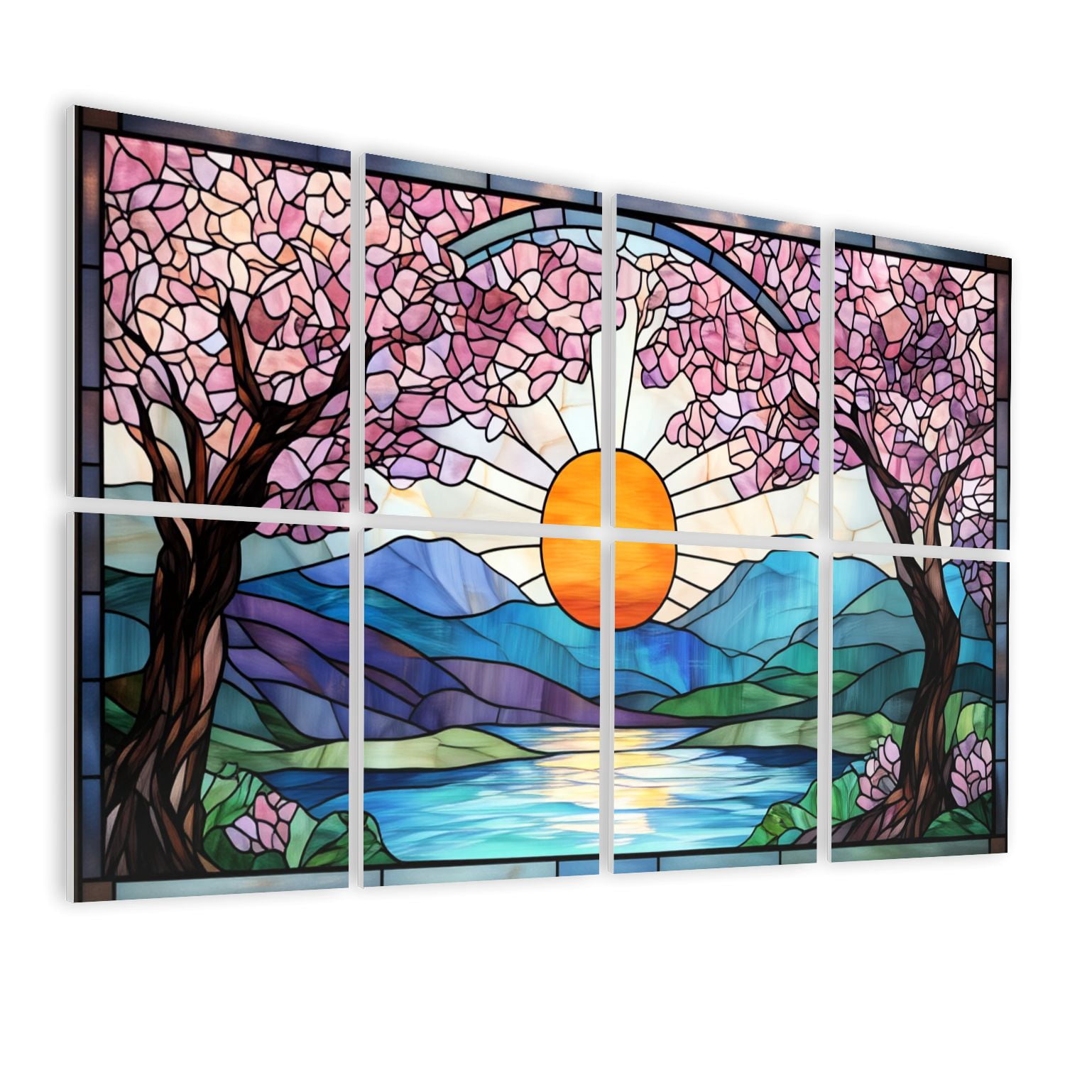 Stained Glass Style 8 Pack Art Acoustic Panels Sound Absorbing Cherry Blossom Trees Mountain Decorative Soundproof Wall Panels Self Adhesive for Nursery Game Room Bedroom 48"x32"