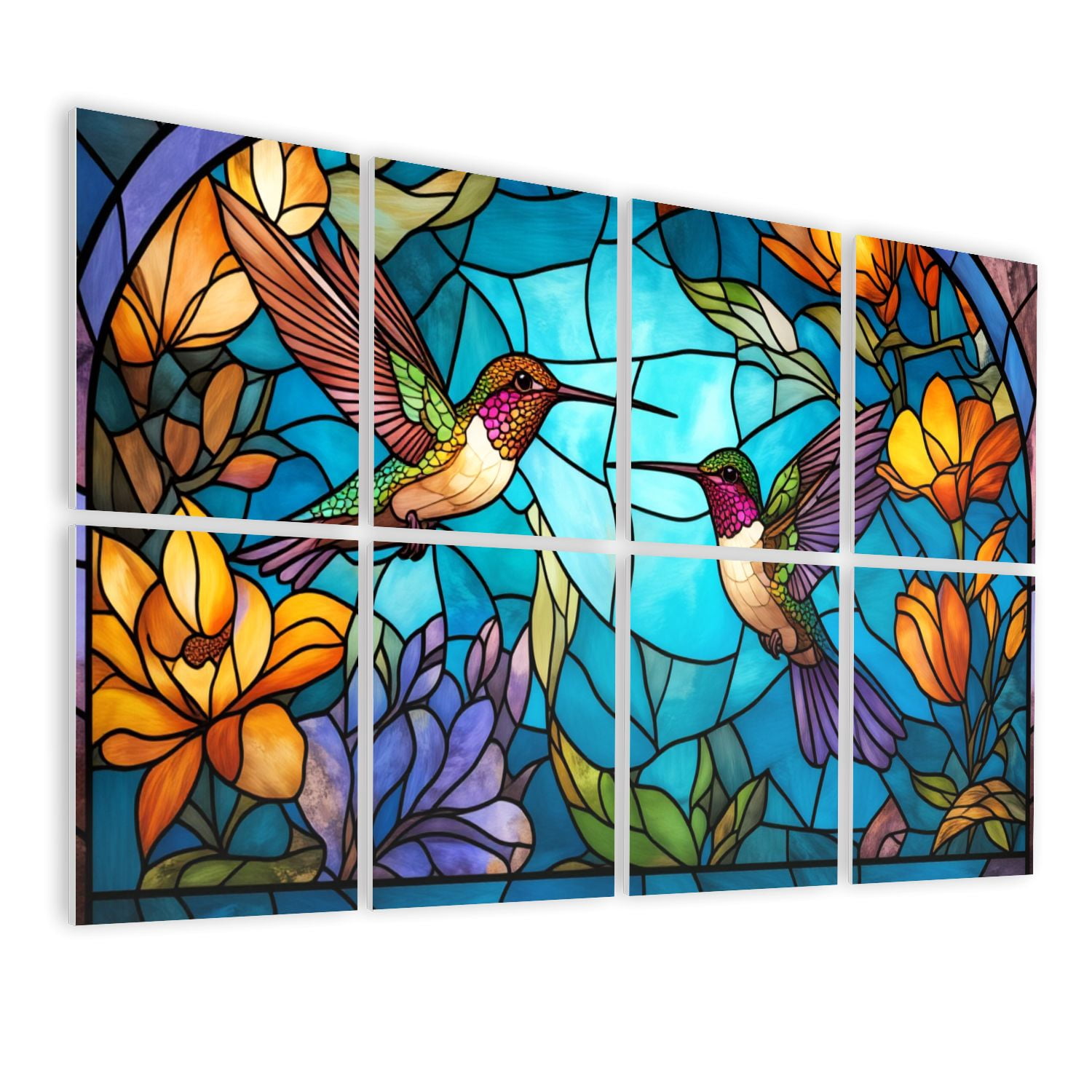 Stained Glass Style 8 Pack Art Acoustic Panels Sound Absorbing Colorful Hummingbirds Flowers Decorative Soundproof Wall Panels Self Adhesive for Nursery Game Room Bedroom 48"x32"