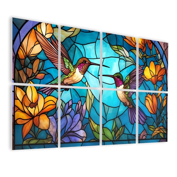 Stained Glass Style 8 Pack Art Acoustic Panels Sound Absorbing Colorful Hummingbirds Flowers Decorative Soundproof Wall Panels Self Adhesive for Nursery Game Room Bedroom 48"x32"