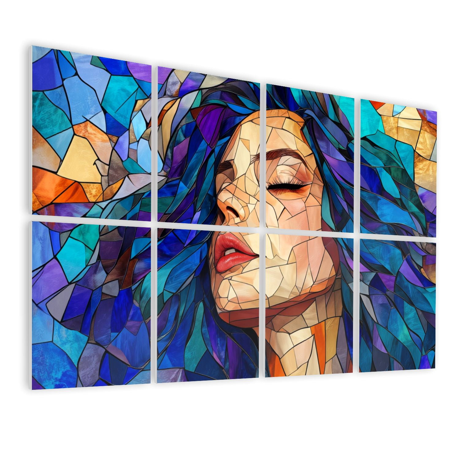 Stained Glass Style 8 Pack Art Acoustic Panels Sound Absorbing Portrait Woman Blue Hair Decorative Soundproof Wall Panels Self Adhesive for Nursery Game Room Bedroom 48"x32"