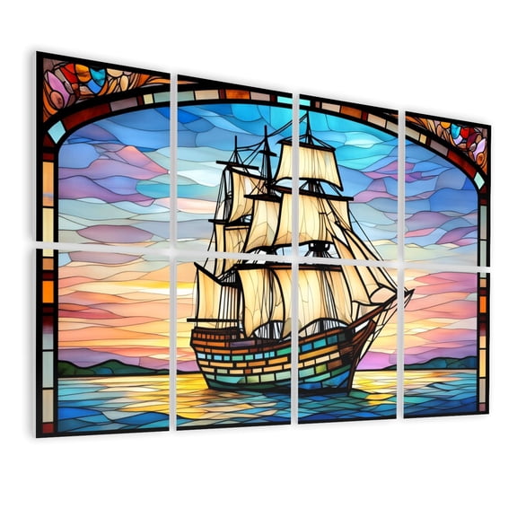 Stained Glass Style 8 Pack Art Acoustic Panels Sound Absorbing Ship Sailing Sea Sunset Decorative Soundproof Wall Panels Self Adhesive for Nursery Game Room Bedroom 48"x32"