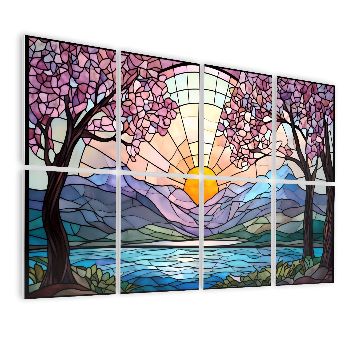Stained Glass Style 8 Pack Art Acoustic Panels Sound Absorbing Sunrise Cherry Blossom Trees Decorative Soundproof Wall Panels Self Adhesive for Nursery Game Room Bedroom 48"x32"