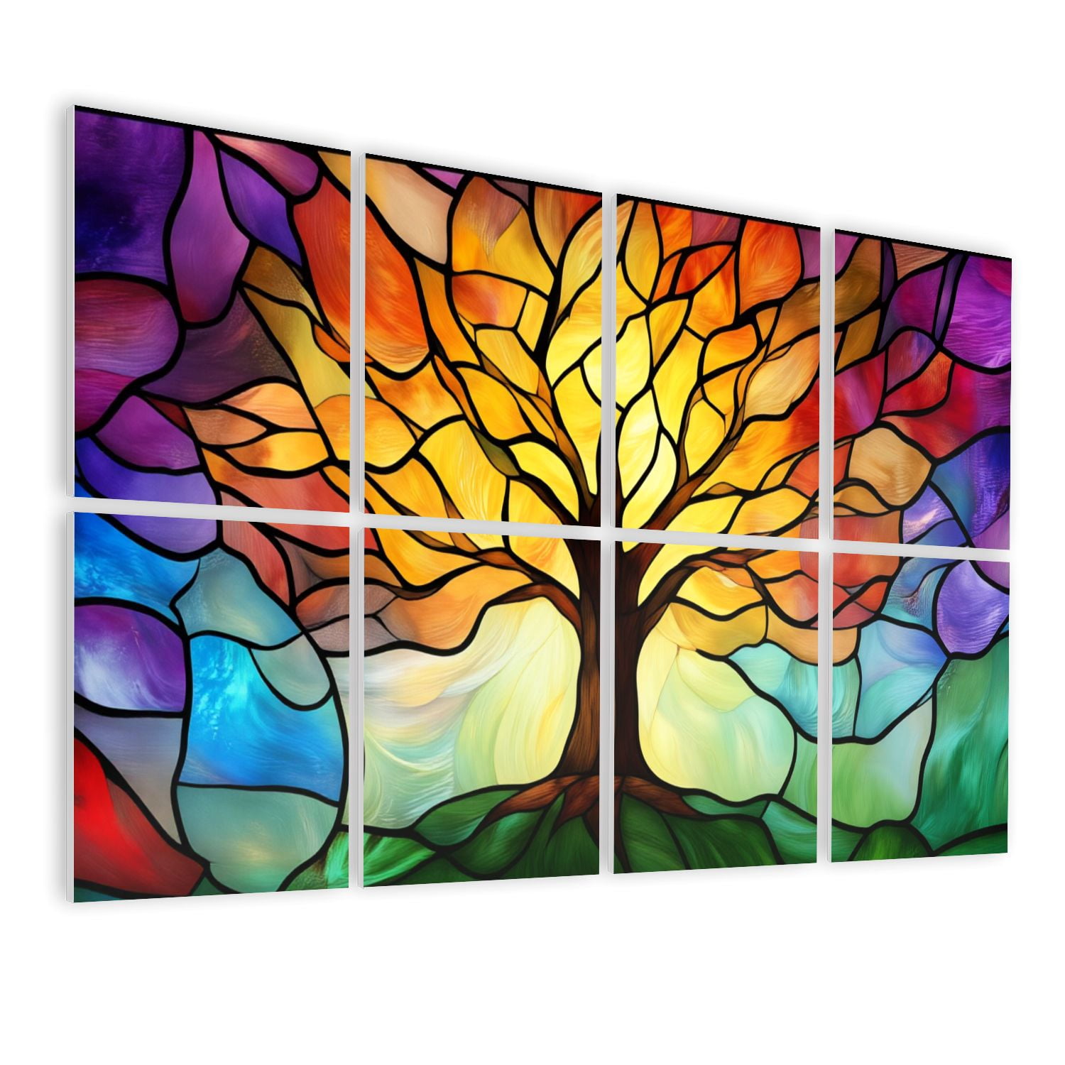 Stained Glass Style 8 Pack Art Acoustic Panels Sound Absorbing Tree Colorful Autumn Leaves Decorative Soundproof Wall Panels Self Adhesive for Nursery Game Room Bedroom 48"x32"