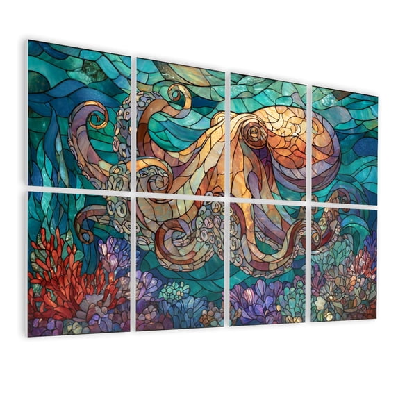 Stained Glass Style 8 Pack Art Acoustic Panels Sound Absorbing Underwater Octopus Delicate Coral blue Baroque Decorative Soundproof Wall Panels Self Adhesive for Nursery Game Room Bedroom 48"x32"