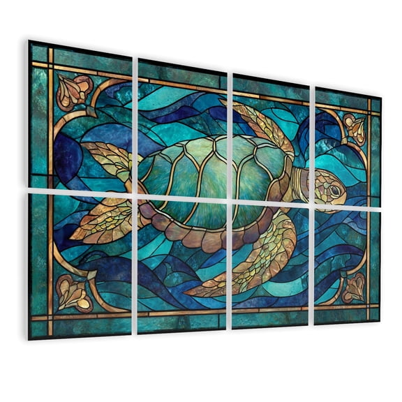 Stained Glass Style 8 Pack Art Acoustic Panels Sound Absorbing Underwater Sea Turtle Baroque Calming Teal Decorative Soundproof Wall Panels Self Adhesive for Nursery Game Room Bedroom 48"x32"
