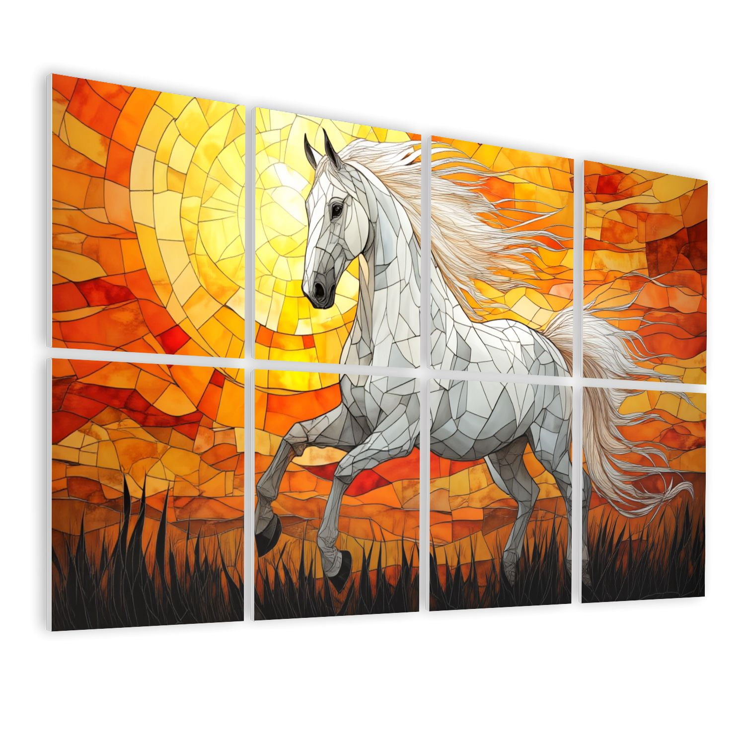 Stained Glass Style 8 Pack Art Acoustic Panels Sound Absorbing White Horse Sunset Decorative Soundproof Wall Panels Self Adhesive for Nursery Game Room Bedroom 48"x32"