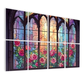 Stained Glass Style 8 Pack Art Acoustic Panels Sound Absorbing Window Pink Roses Vibrant Decorative Soundproof Wall Panels Self Adhesive for Nursery Game Room Bedroom 48"x32"