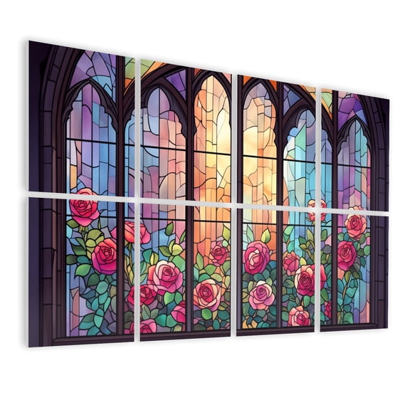 Stained Glass Style 8 Pack Art Acoustic Panels Sound Absorbing Window Pink Roses Vibrant Decorative Soundproof Wall Panels Self Adhesive for Nursery Game Room Bedroom 48"x32"