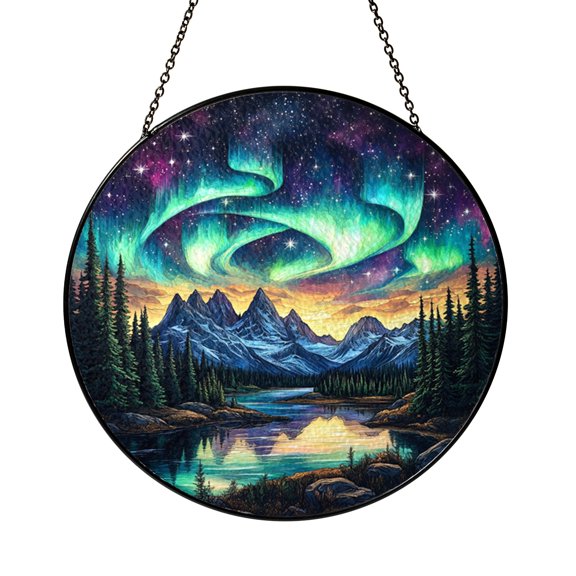 Stained Glass Style Aurora Sky Window Suncatcher, Fantasy Night Landscape Art Decor, Decorative Hanging Light Catcher