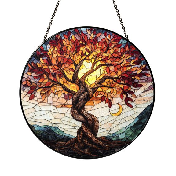 Stained Glass Style Autumn Tree Window Suncatcher, Fantasy Botanical Decorative Art Panel with Fall Leaf Theme, Window Hanging Decor