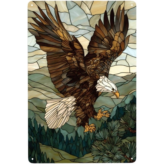 Stained Glass Style Bald Eagle In Flight Metal Tin Plaque Sign, 8 x 12 Inch, Mountain and Pine Forest Wall Art for Man Cave, Office or Studio, Easy to Hang