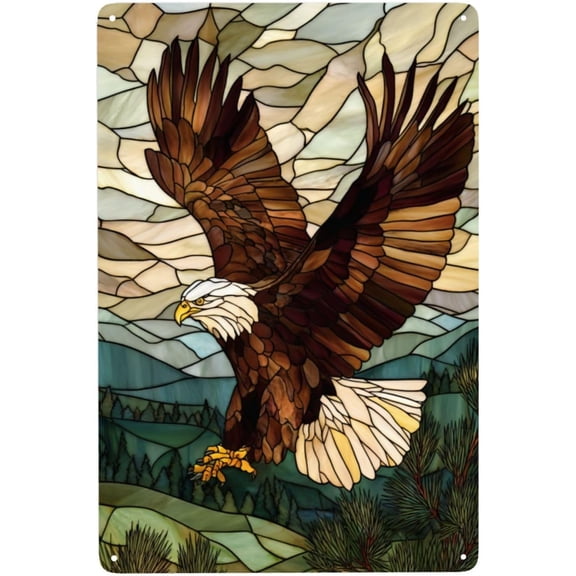 Stained Glass Style Bald Eagle In Flight Metal Tin Wall Plaque Sign, Mountain Forest Design, Easy To Hang, 8 x 12 Inch