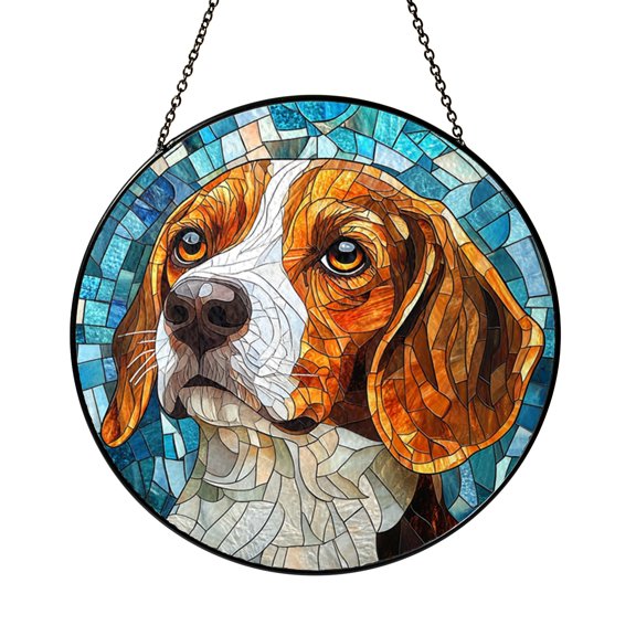 Stained Glass Style Beagle Dog Portrait Suncatcher, Decorative Window Hanging with Gentle Hound Expression, Eye Catching Home Accent Gift