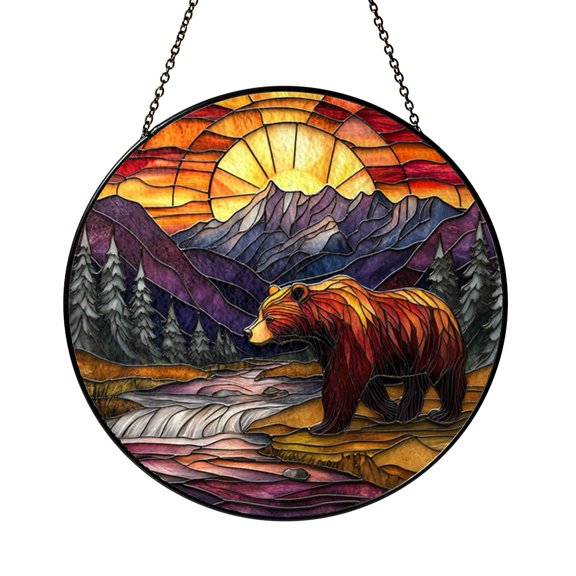 Stained Glass Style Bear in Mountains Suncatcher Window Hanging Art Panel for Home Decor Nature Lover Gift