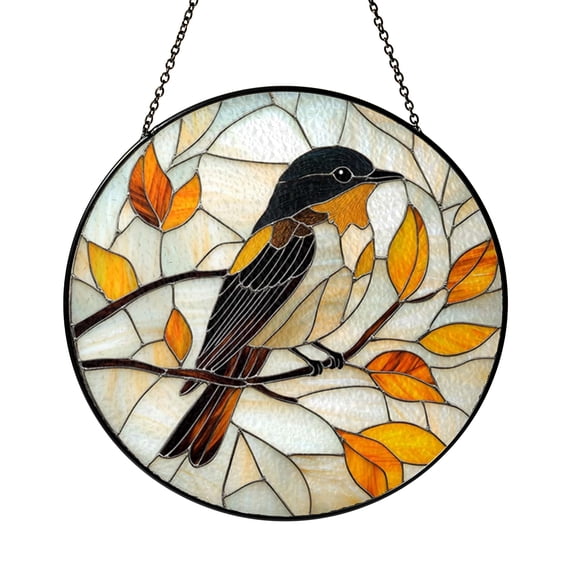 Stained Glass Style Bird Branch Panel, Decorative Window Hanging for Autumn Decor