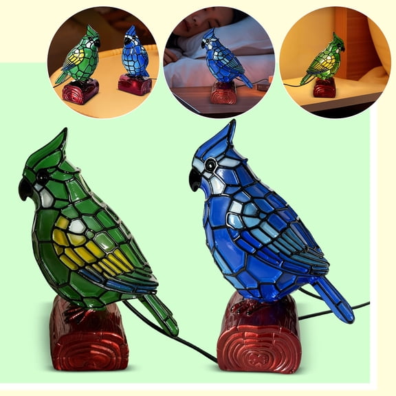 Stained Glass Style Bird Night Light, Resin Perched Blue Jay Parrot Tabletop Lamp on Tree Stump, Vintage Gothic Decorative Bedside Lamp for Bedroom Nursery Home Decor