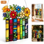 Stained Glass Style Book Ornament - Suncatcher Window Hanging for Teachers, Librarians & Book Lovers | Acrylic Bookish Gift for Christmas Tree, Back to School, Birthday | Floral Shelf Design 5.5