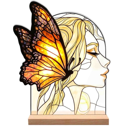 Stained Glass Style Butterfly Woman Profile Desktop Ornament with Wooden Base - Arch Table Suncatcher Decor