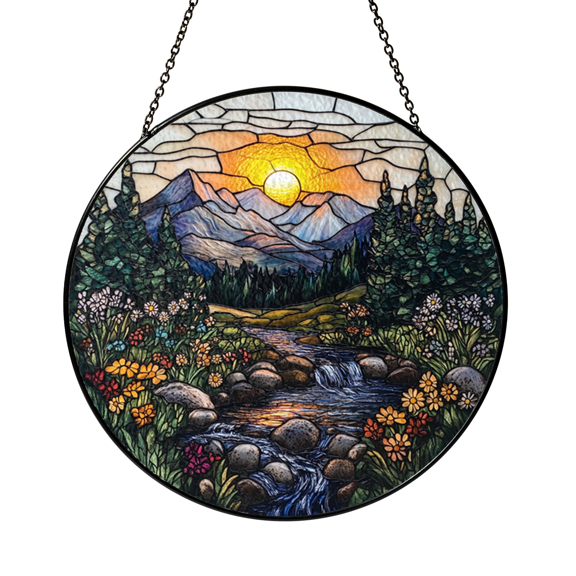 Rounded Landscape Stained Glass Style Cabin Mountain Sunset Ornament, Round Ceramic ...