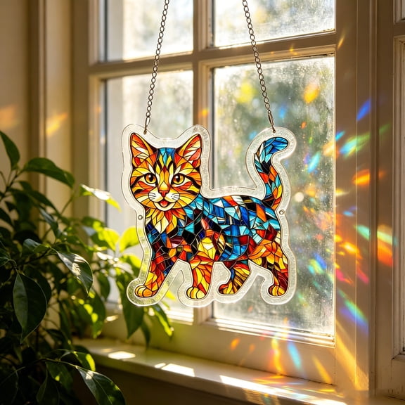 Stained Glass Style Cat Acrylic Suncatcher Hanging Ornament, Colorful Mosaic Kitten Window Wall Decor for Cat Lovers