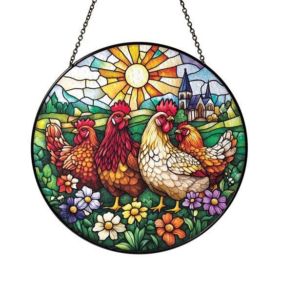 Stained Glass Style Chicken Garden Suncatcher, Decorative Window Panel for Rustic and Floral Home Themes
