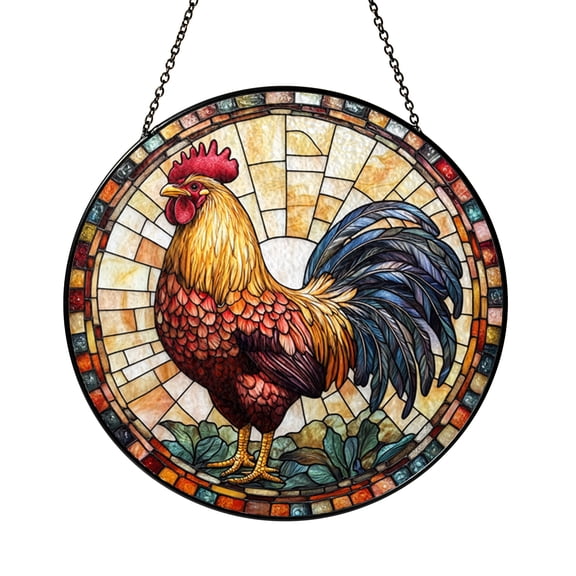 Stained Glass Style Chicken Window Suncatcher, Fantasy Farm Decorative Art Panel, Window Hanging Decor for Rustic Home