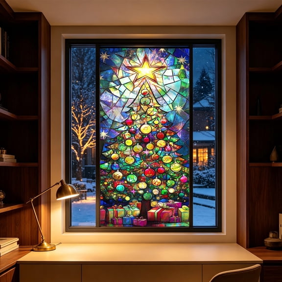 Stained Glass Style Christmas Tree Door Sticker 100x40cm -Adhesive Xmas Tree Wall Decal Peel and Stick Holiday Door Mural for Home Front Door Windo