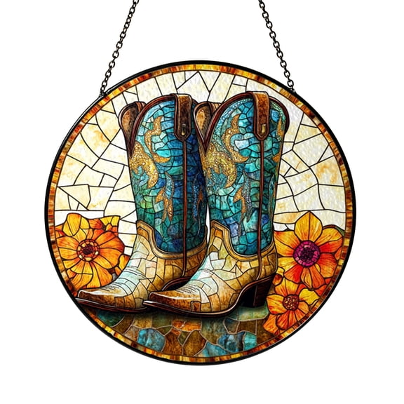 Stained Glass Style Cowboy Boots Window Hanging – Rustic Decor
