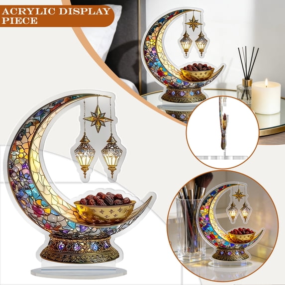 Stained Glass Style Crescent Moon Table Ornament with Lanterns and Decorative Bowl Ramadan Eid Home Decor Sculpture