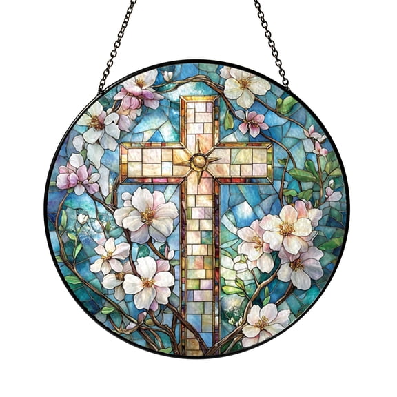 Stained Glass Style Cross Floral Panel, Decorative Window Hanging for Prayer Rooms and Faith Inspired Homes copy