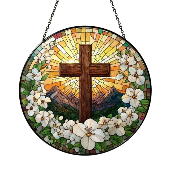 Stained Glass Style Cross Suncatcher with Floral Sunset Design, Christian Window Hanging for Spiritual Home Decor