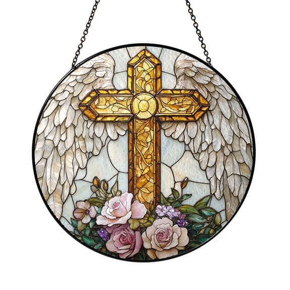 Stained Glass Style Cross Window Hanging, Angel Wing Panel Art, Faith Inspired Decor Gift