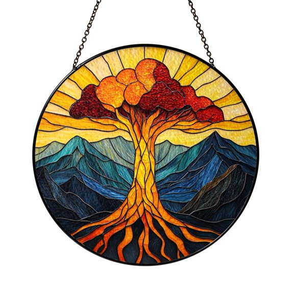 Stained Glass Style Decorative Tree Window Suncatcher, Botanical Art Panel with Natural Branch Pattern, Window Hanging Decor for Home