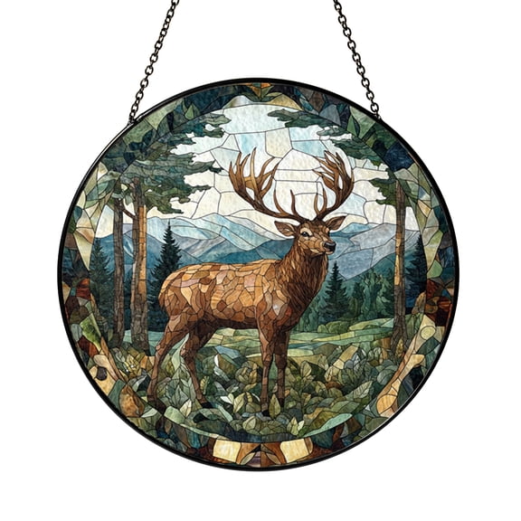 Stained Glass Style Deer Window Panel, Majestic Mountain Forest Scene for Rustic Home Decor