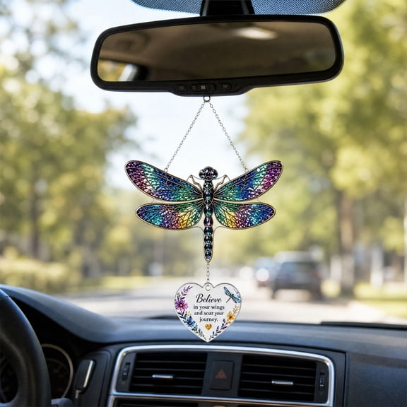 Stained Glass Style Dragonfly Hanging Auto Pendant Heart Inspirational Quote Rearview Mirror Vehicle Ornament
