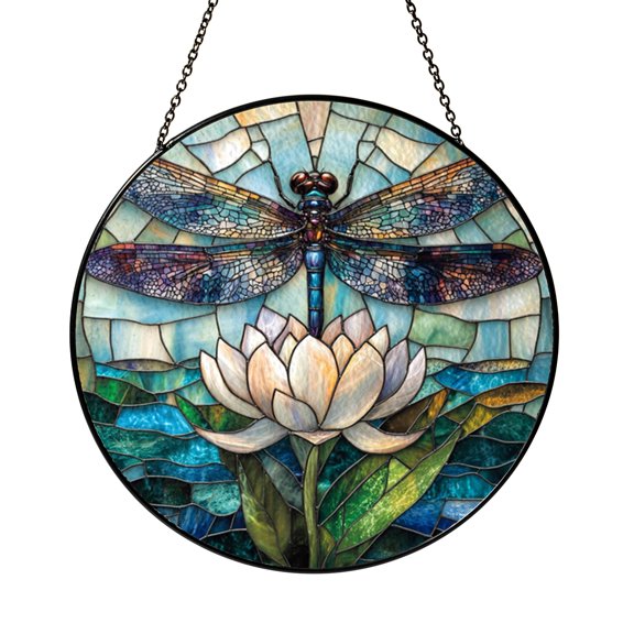 Stained Glass Style Dragonfly Lotus Panel, Decorative Window Hanging for Garden Lovers and Peaceful Homes