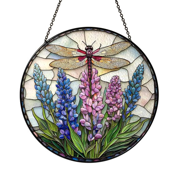 Stained Glass Style Dragonfly Lupine Suncatcher – Decorative Window Art