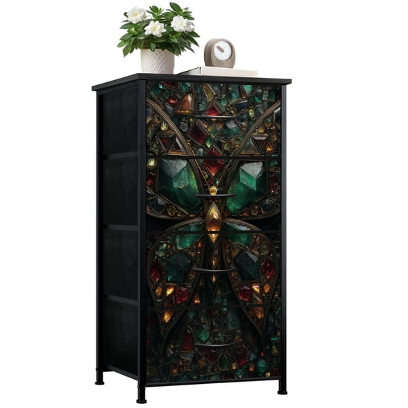 Stained Glass Style Dresser for Bedroom with 4 Storage Drawers Dark Gothic Stained Glass Butterfly Cathedral Arch Wings Art Dressers Chest of Drawers Steel Framed Fabric Closet Organizers